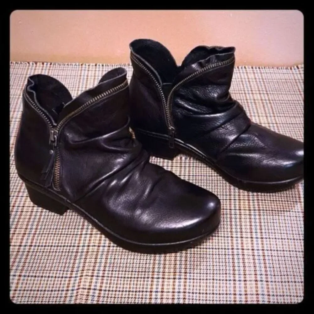 ABEO Pro Black Leather Ankle Boots with Side Zip Ruched Design Comfort Booties 7